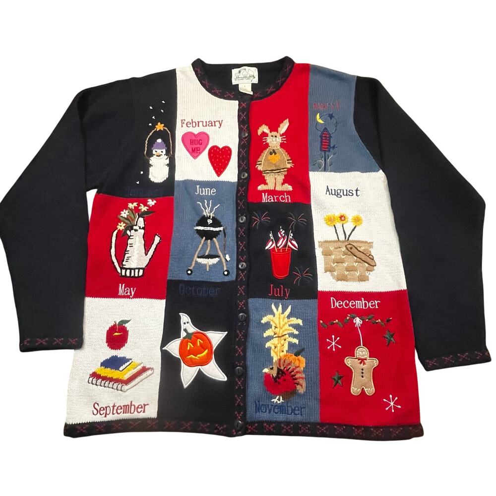 Vintage The Quacker Factory Patchwork Holiday‎ Seasonal Sweater Women L Grandma